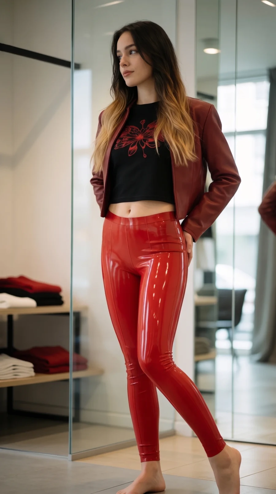 Red Leggings and Black Velvet Boots - Image 3